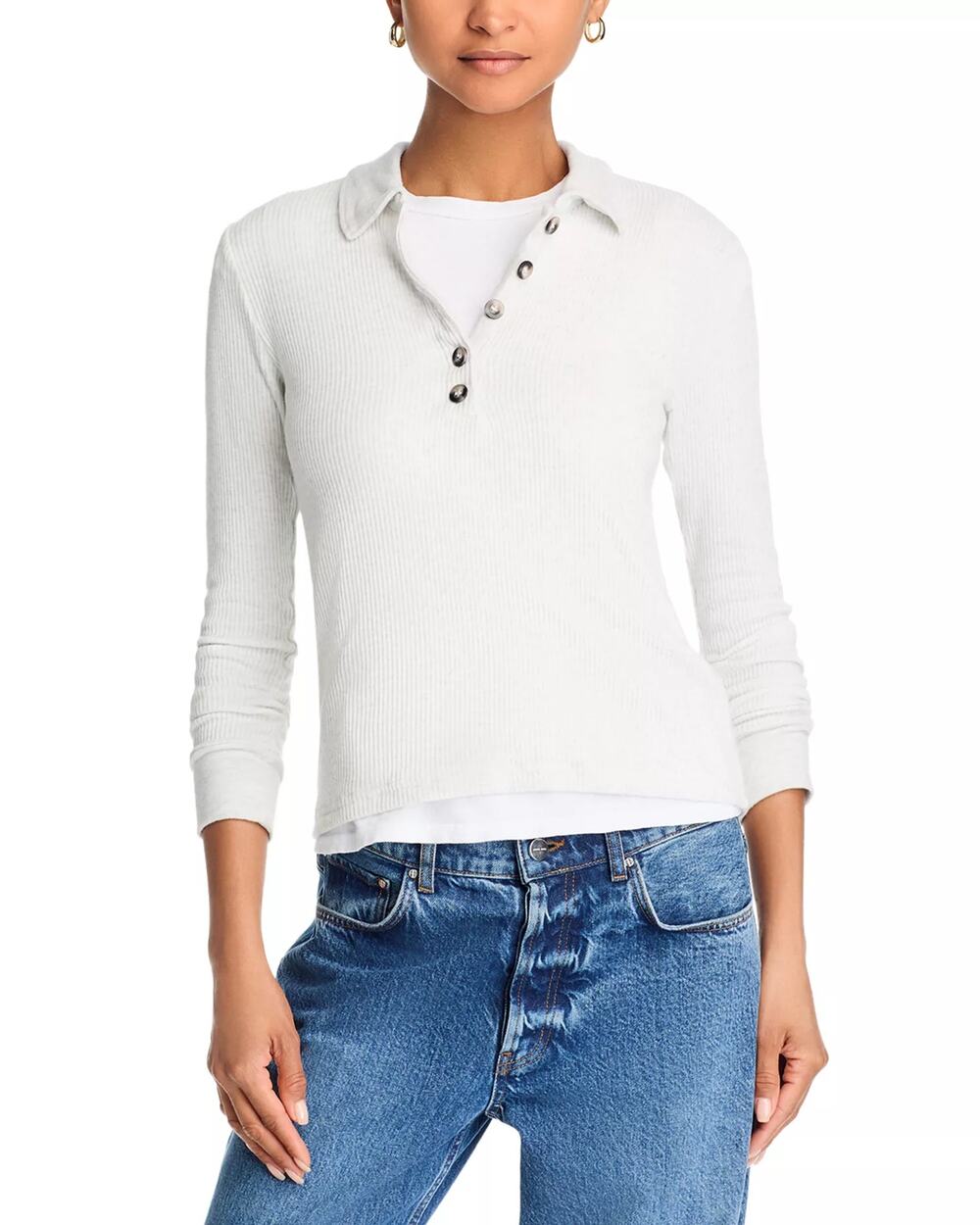Perfectwhitetee Megan Polo Women’s Grey Rib Knit Long Sleeve Button Tee, Size XS